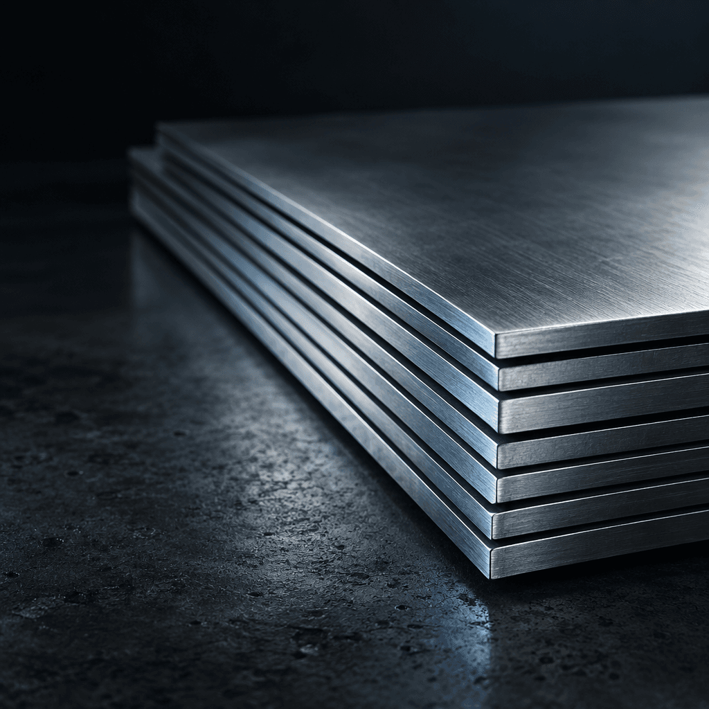 Stacked sheets of brushed metal on a dark workshop surface