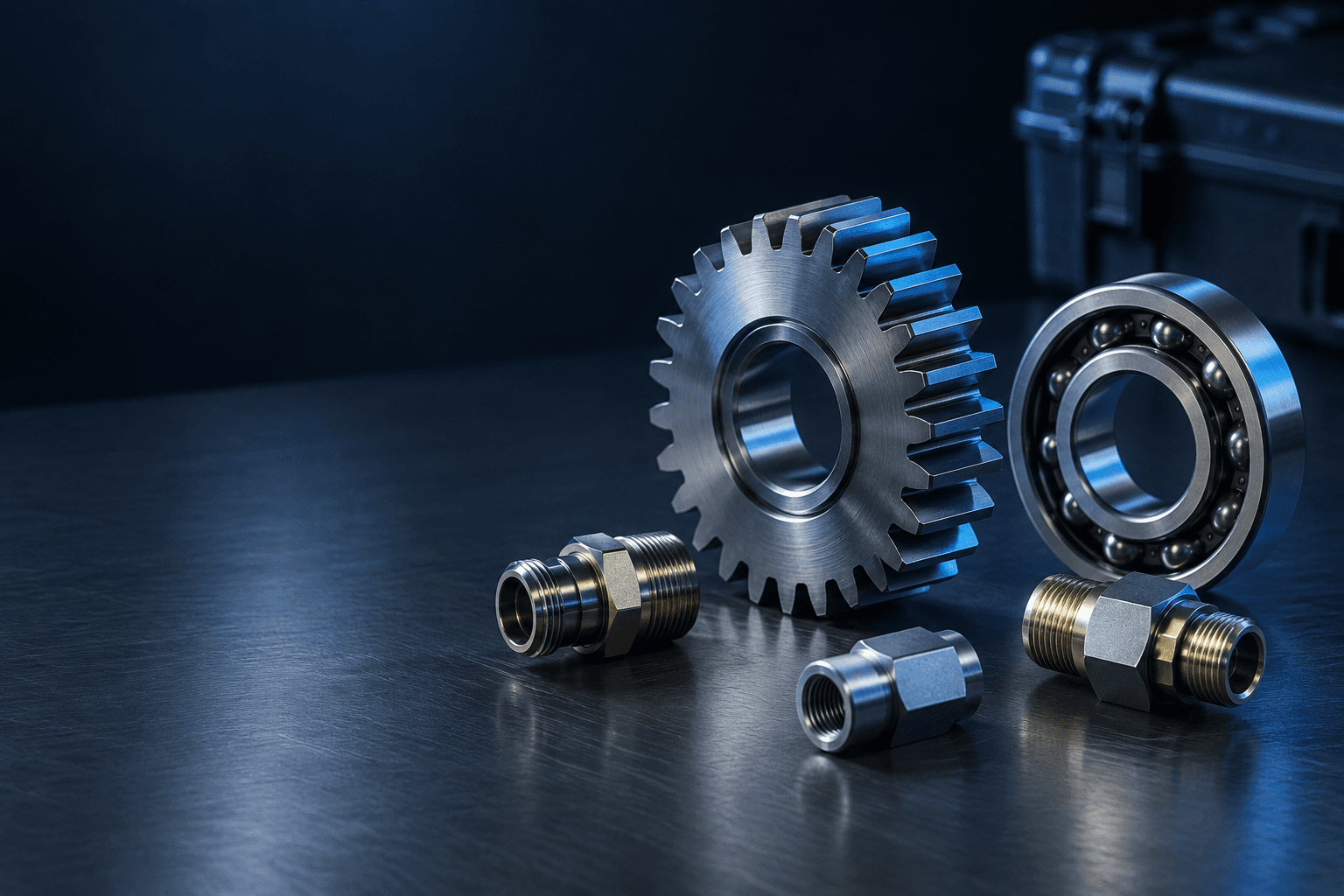 Precision-machined gear, bearing and threaded fittings arranged on a dark steel surface